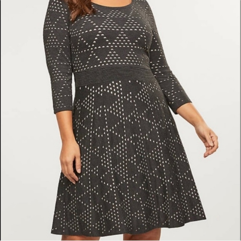 Lane Bryant NWT 3/4 sleeve Gray fit and flare sweater dress Geo print size 26/28